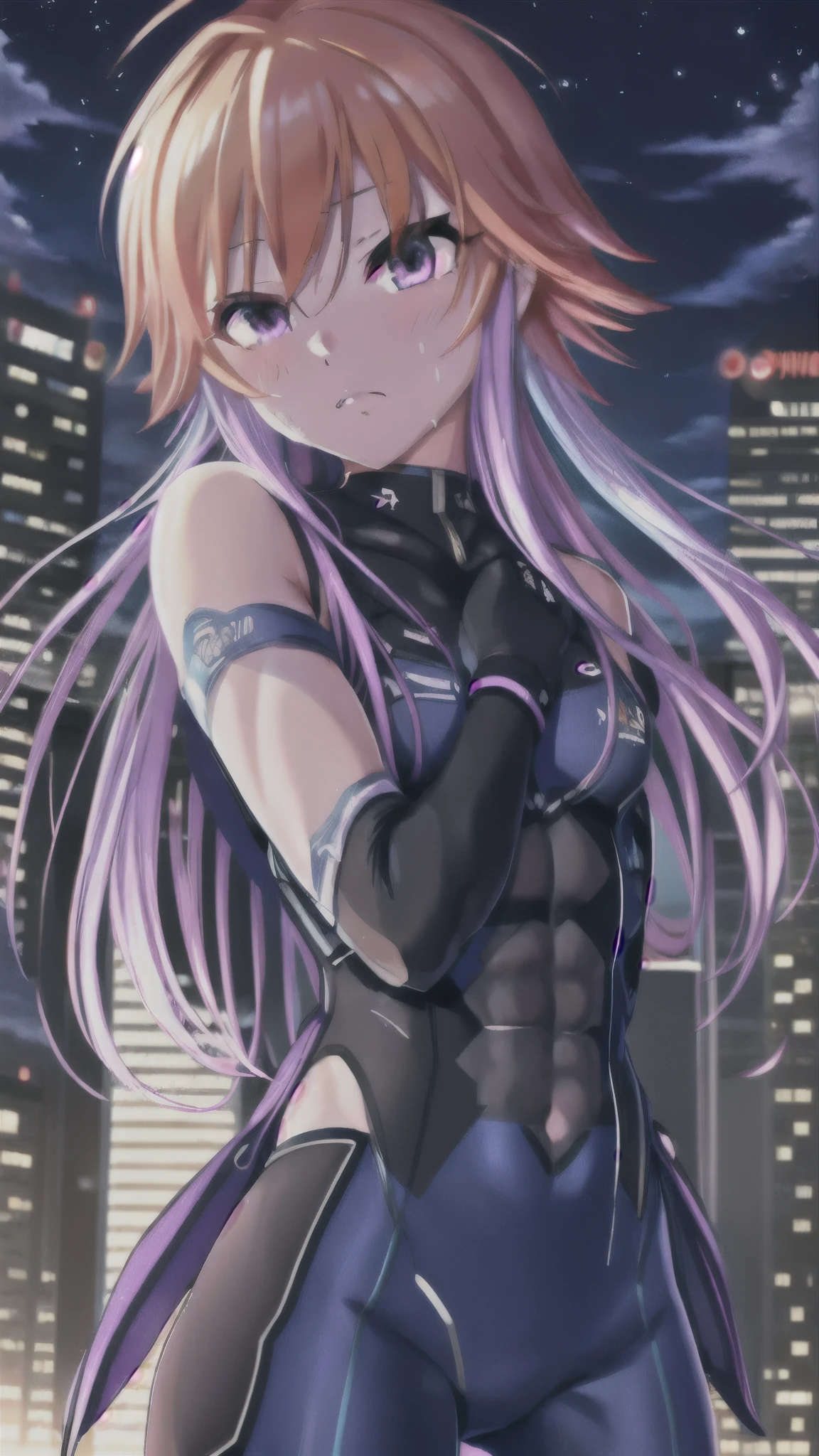  Kampala, accurate,  ultra-fine,  very detailed , Asuka Ninomiya,Alone,  1 girl, Orange Hair  ,Long Hair,bangs,  Purple Hair,  purple eyes,Painful face、 Tight clothing、  cowboy shots、  WATCH VIEWERS 、  Blue Hero Suit  、    blue bodysuit  、Tight Suit、(( Trained abdominal muscles))、（  Trained Biceps  ）、( building:1.2)、Night view、 Excessive sweating on the face, 