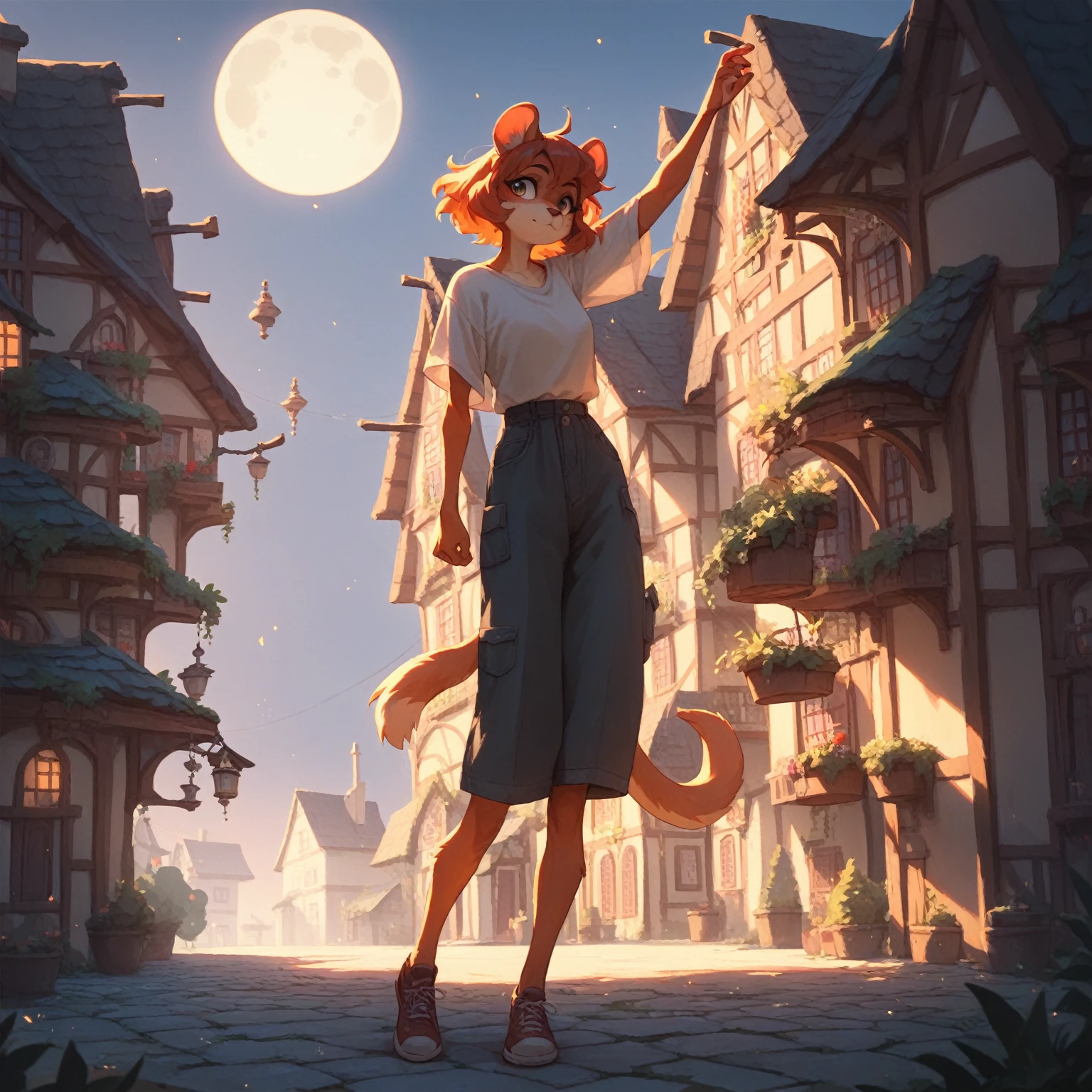  masterpiece , alone, 1 girl, furry, FE, wearing a blouse,   with straight medium-length hair ,  and eyelids made up in black  ,.. pose: ARREST,  looking around , Medium Moon ,  buildings , houses,   with low nighttime backlighting .