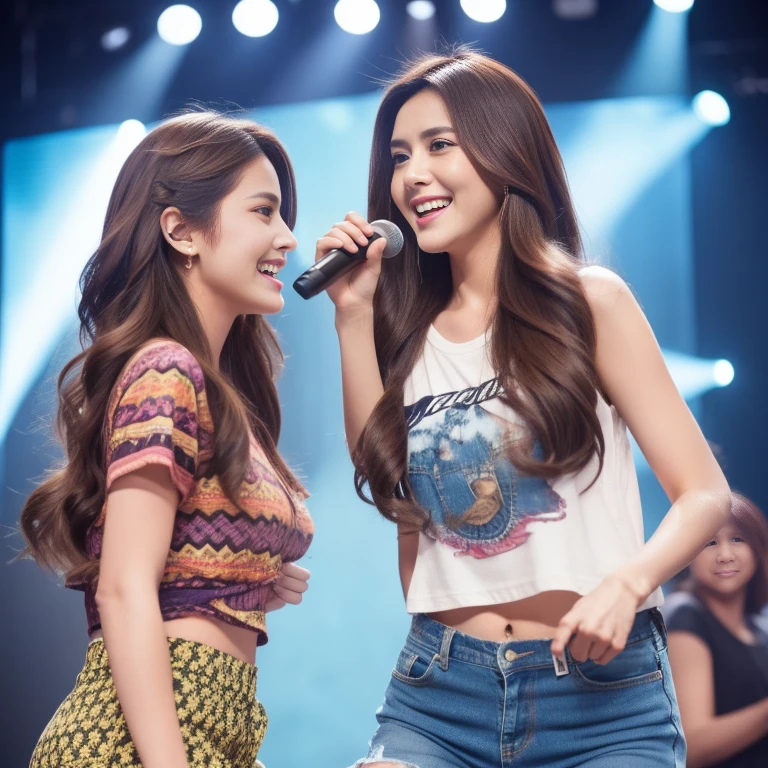 Hip-pop singer 、 sings with a microphone、woman、 1 girl, Long Hair,  Kampala, chest,  looks, smile,  blue eyes , Brown Hair,  accessories, stage、 blurred background , rough costume 、jeans、 print t-shirt、