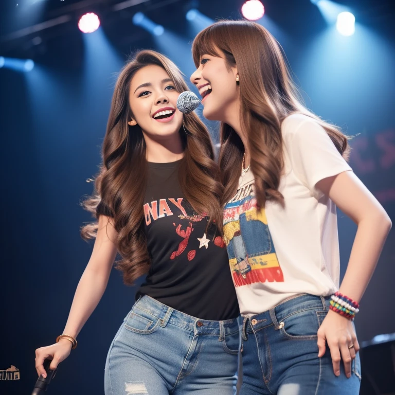 Hip-pop singer 、 sings with a microphone、woman、 1 girl, Long Hair,  Kampala, chest,  looks, smile,  blue eyes , Brown Hair,  accessories, stage、 blurred background , rough costume 、jeans、 print t-shirt、