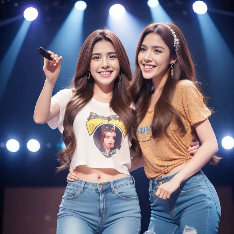 Hip-pop singer 、 sings with a microphone、woman、 1 girl, Long Hair,  Kampala, chest,  looks, smile,  blue eyes , Brown Hair,  accessories, stage、 blurred background , rough costume 、jeans、 print t-shirt、