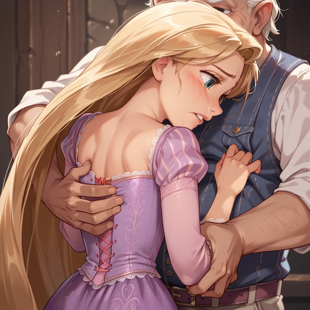 1girl ,rapunzel, beautiful, blue eyes, red dress, crying, old man embraces her from behind, groping, grabbing