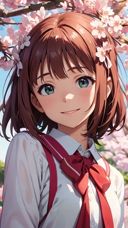 CG, Unity, 8k, wallpaper, Best Quality, masterpiece, Amami Haruka, (smile: 1.2), Clasp your hands and bring them in front of your chest, ,  Best Lighting , Complex pupil, Complex weaving,  detailed background,   school uniform,  Long Sleeve , Small symmetrical ribbons on either side of the head, break, Under the cherry tree, Cherry blossom petals fluttering down, ( view from below : 1.1)