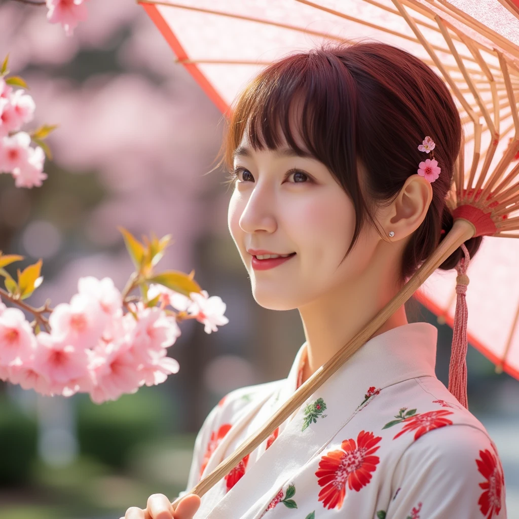 An elegantly dressed Japanese woman in natural light、A close-up of her chest and calm expression.、It shows her inner peace and outer charm.She has a Japanese umbrella spread over her head and smiles as she watches the cherry blossom leaves fall.