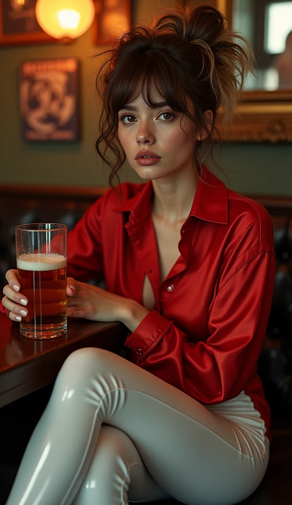 (photorealism: 1.2),poster of beautiful woman, sitting on a red leather sofa, wearing a loose off-the-shoulder blouse, pajama pants, long curly hair, holding a bottle of Johnnie Walker Black Label in her hands, lighting soft, disco background, cozy room, relaxed pose, realistic and intricate details, cool colors, by Greg Rutkowski, by Alphonse Mucha