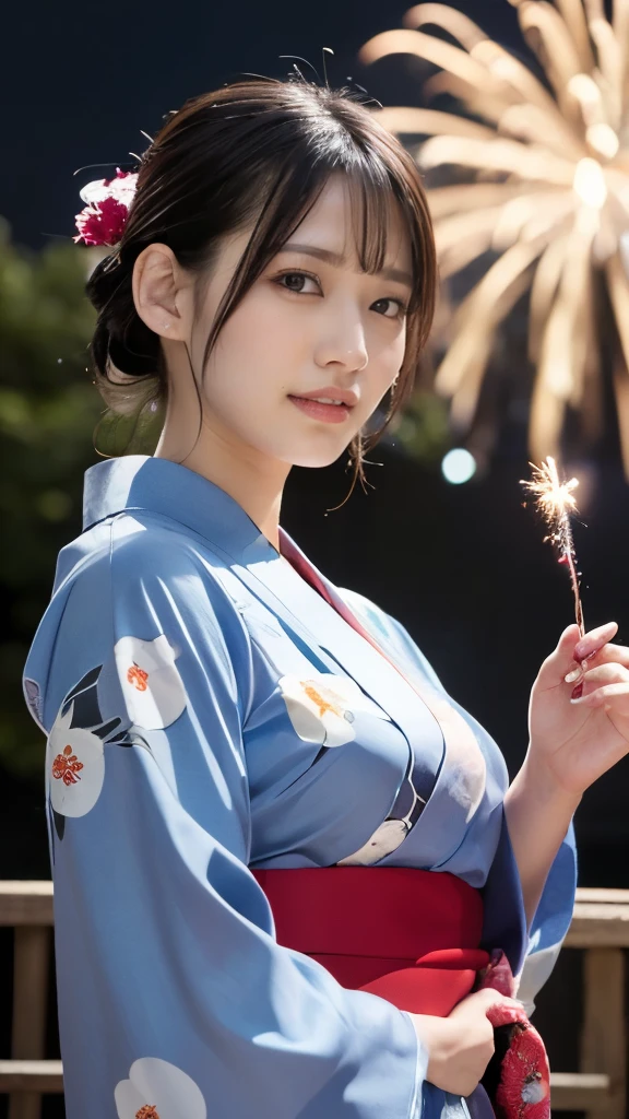 8K,Highest quality,(masterpiece:1.2),(Realistic),(Realistic:1.37),Ultra-high resolution,One Young Woman,((smile)),night,Big Breasts,Beautiful Eyes,festival grounds,(((Fireworks bursting into the sky))),(((night))),(((yukata))),Perfect body,Perfect Fingers,Professional Lighting,gravure,Detailed face and skin texture,fine grain,RAW Photos