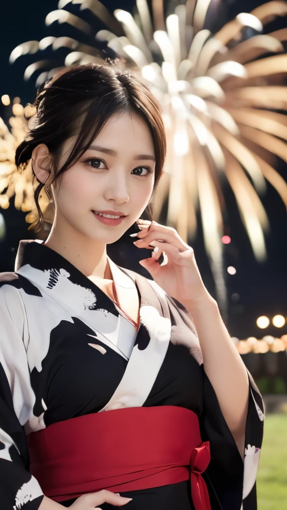 8K,Highest quality,(masterpiece:1.2),(Realistic),(Realistic:1.37),Ultra-high resolution,One Young Woman,((smile)),night,Big Breasts,Beautiful Eyes,festival grounds,(((Fireworks bursting into the sky))),(((night))),(((yukata))),Perfect body,Perfect Fingers,Professional Lighting,gravure,Detailed face and skin texture,fine grain,RAW Photos