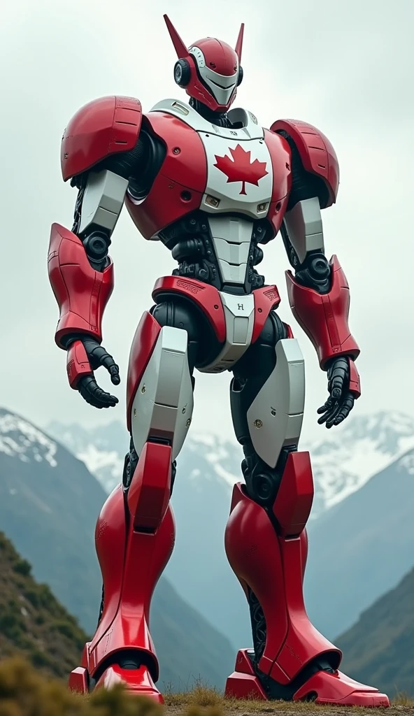 A towering robot in red and white, with a maple leaf emblem on its ...