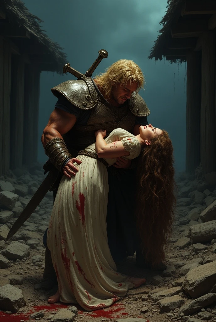 Award-winner photo, A young Viking warrior undressing a beautiful Valkyrie at the Asgard, lovers, masterpiece, intricate details, sharp focus, depth of field, Netflix, hbo, dc, Zack snyder, epic movie, film grain, cold cloudy sky, storm, cozy, rim light