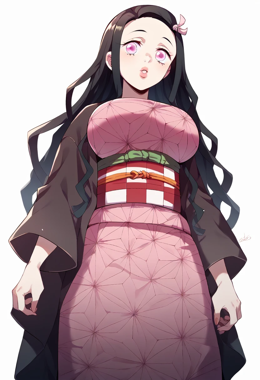 1girl, Nezeko Kamado, long, wavy, black hair that reaches just below waist, crimped into large, straight ridges, pink eyes, A short white horn on the right side of head, Sakura colored kimono with a geometric triangle design, secured by a checker patterned red and white obi embraced by an orange thread looped above waist, black flip flops, soft pink lips, round big breasts