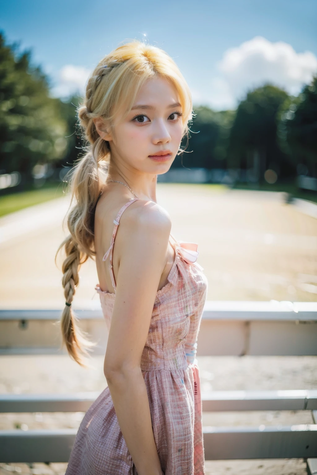 Best quality, masterpiece, ultra high res, (photorealistic), raw photo,1girl, skinny,solo, realistic, looking at viewer, bokeh background, outdoor, clouds,  blonde hair twin tail braided, jewelry, cowboy shot, sundress,camisole