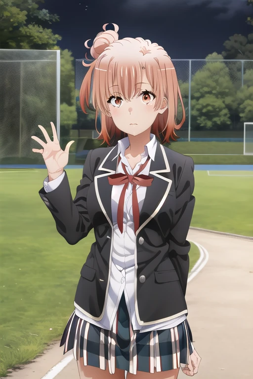 (masterpiece,  best quality ,  Details),  1 girl, Alone,  viewers almost at night, Ahyu,  short hair,  Single Hair Bang , Red eyes, chest, Neck ribbon,  white shirt , Dress shirt, blazer,  black jacket,  jacket,  Long Sleeve ,  plaid skirt,
Green,  close one eye , Wavy, Raise your hand, School Court, Field