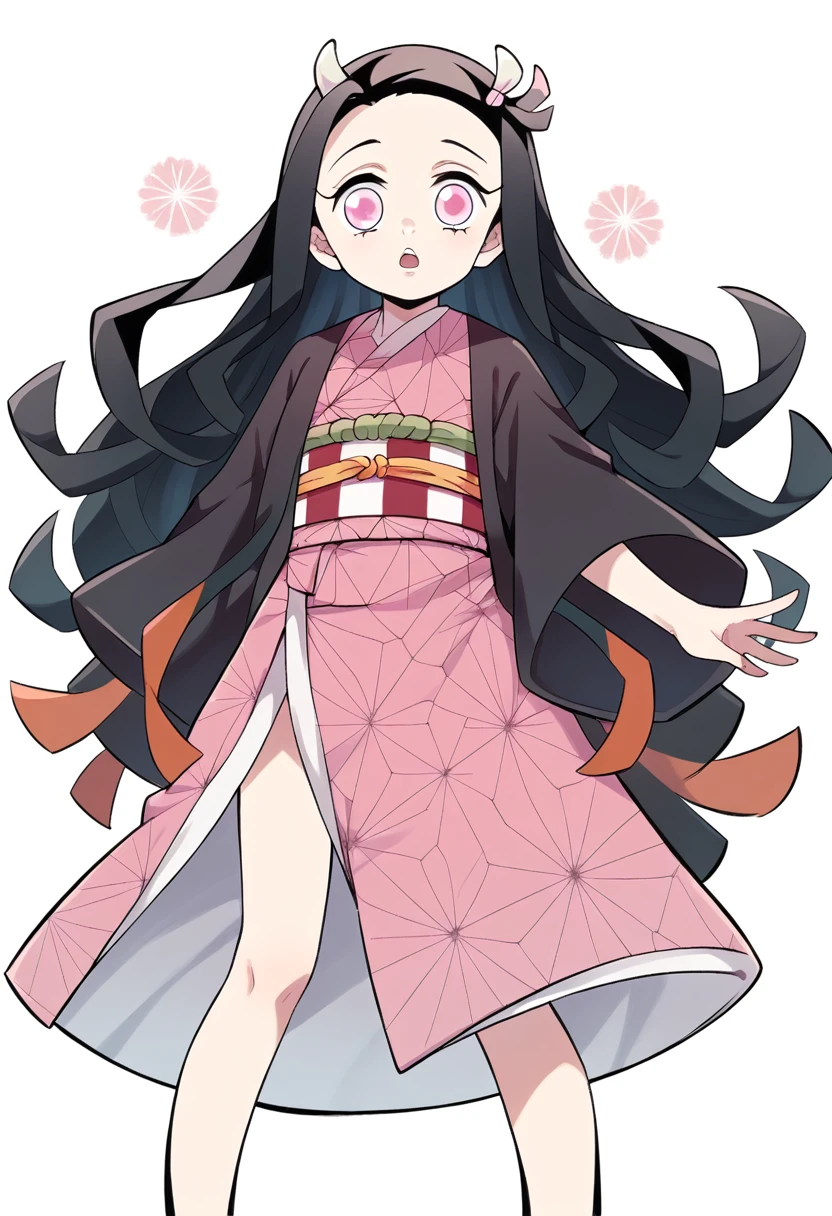 1girl, Nezeko Kamado, long, wavy, black hair that reaches just below waist, crimped into large, straight ridges, pink eyes, A short white horn on the right side of head, Sakura colored kimono with a geometric triangle design, secured by a checker patterned red and white obi embraced by an orange thread looped above waist, black flip flops, open mouth