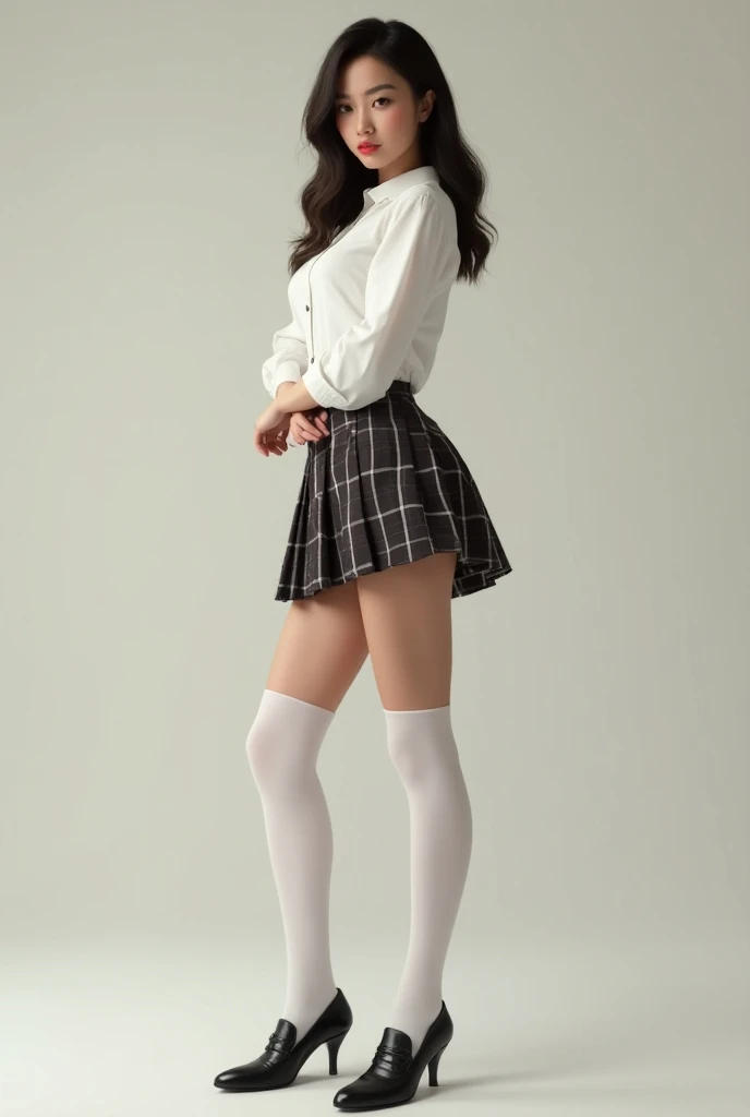 masterpiece, Best Quality, High resolution, Whole body, emma watson,  uniform, black skirt, long legs, socks, black heels