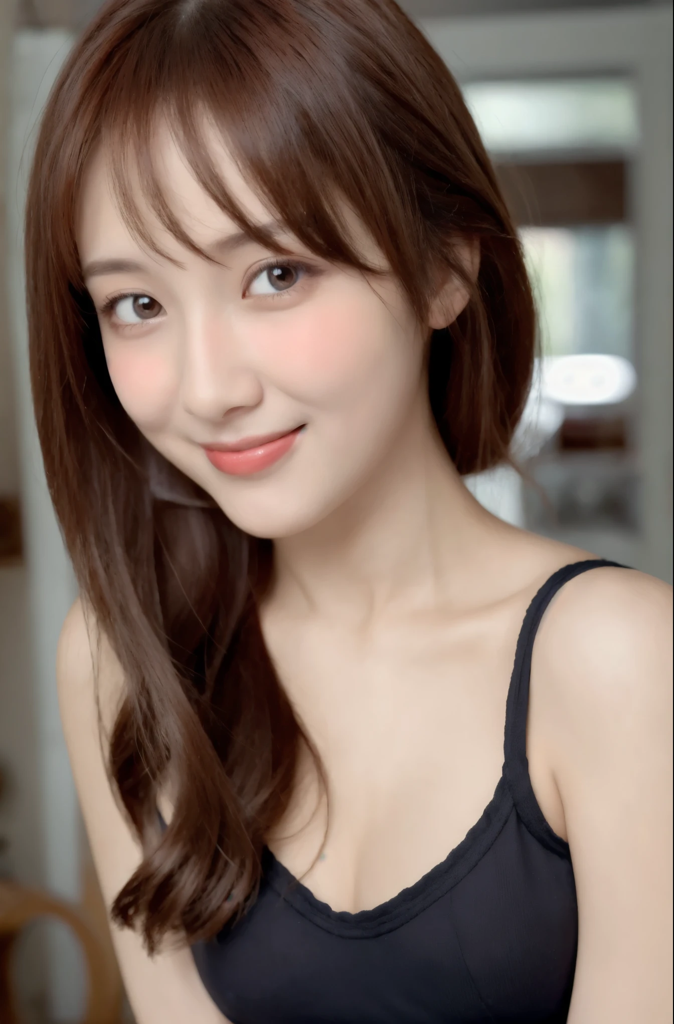 1girl, star eye, blush, perfect illumination, red hair, red eyes, unreal engine, sidelighting, detailed face, bangs, bright skin, simple background, dark background, （（（Realistic photos，THREE-POINT UNDERWEAR，C cup breasts，slim figure，long legs，Peach Blossom Eyes，Smiling Peach Blossom，Chinese）））