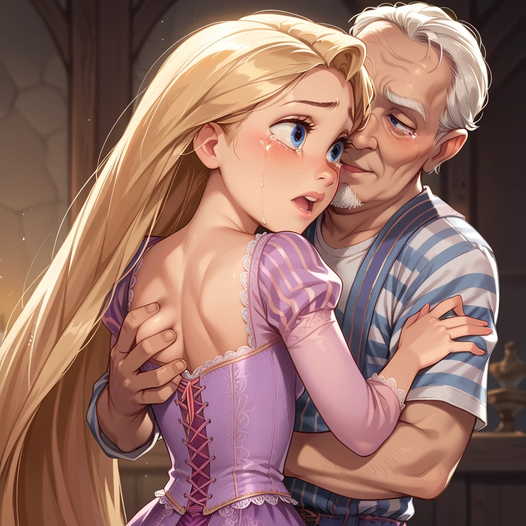 1girl ,rapunzel, beautiful, blue eyes, red dress, crying, old man embraces her from behind, groping, grabbing