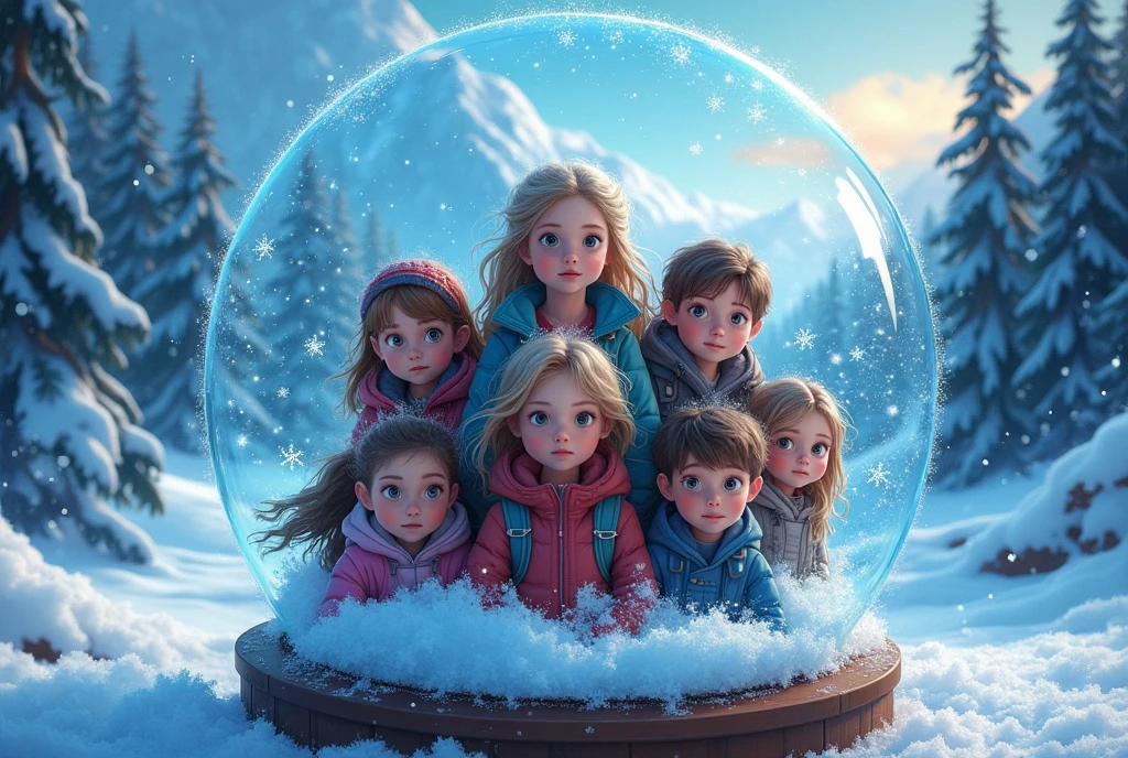 a group of VAMPIRE CHILD GIRLS, PORTRAIT, WITH VERY LONG STRAIGHT BLONDE HAIR, PORTRAIT, people standing around each other in the snow, PETROLEUM BLUE BACKGROUND.