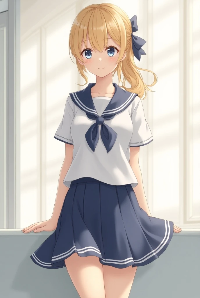 NSFW,(pale illustration,anime illustrations:1.2),(masterpiece, highest quality, so beautiful, Super detailed),textured skin, high details,8k,gleaming skin,pale outline
(hachimiya meguru, idolmaster:1.2),gold hair,
1 girl,(black Thighhighs:1.3),middle breasts,shorty,happy smile,
sailor dress,standing,
from front,white and clean bedroom
