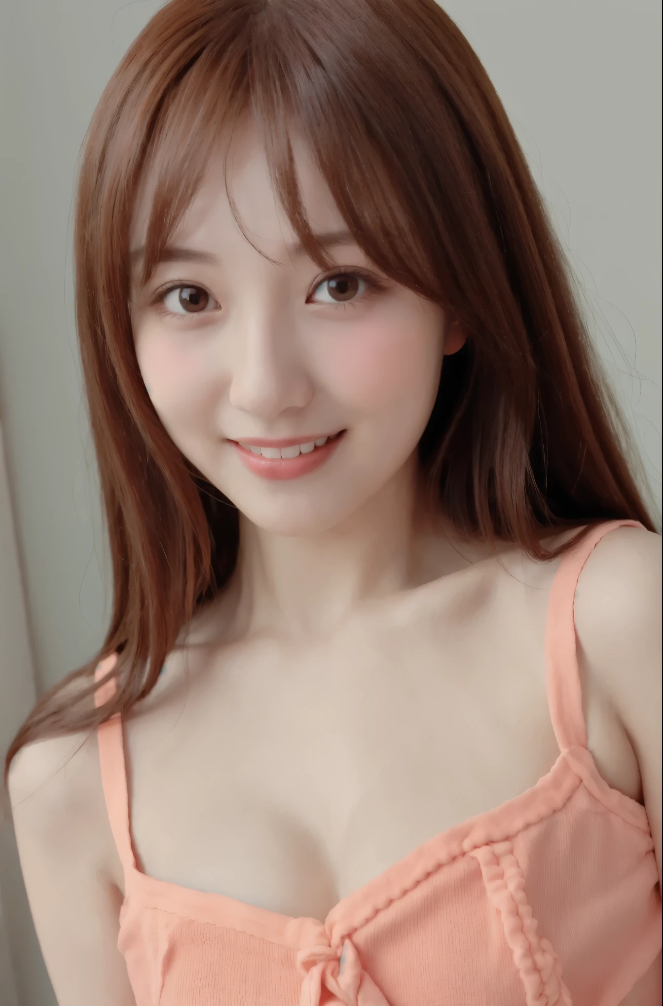 1girl, star eye, blush, perfect illumination, red hair, red eyes, unreal engine, sidelighting, detailed face, bangs, bright skin, simple background, dark background, （（（Realistic photos，THREE-POINT UNDERWEAR，C cup breasts，slim figure，long legs，Peach Blossom Eyes，Smiling Peach Blossom，Chinese）））