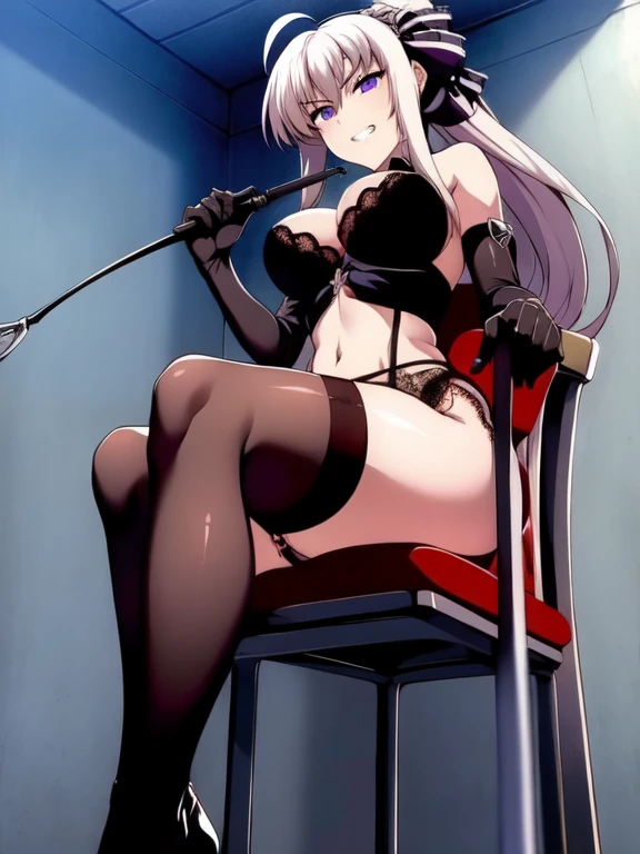 prison, concrete wall, concrete floor, femdom, dominatrix, ((bare shoulders)), ((black bustier)), ((black stockings)), ((black g-string)), ((black high heels)), ((Black garter belt)), ((black elbow gloves)), ((chair)), ((female sitting in a chair)), ((evil grin)), (((((from below))))), looking at viewer, throw, ((((looking down)))), ((stare at viewer with stern eyes)), ((((holding riding crop)))),
 1 girl,  Long Hair,  purple eyes,  chest, Ahoge,  large breasts, ribbon,  hair ribbon, ponytail,  bangs,
