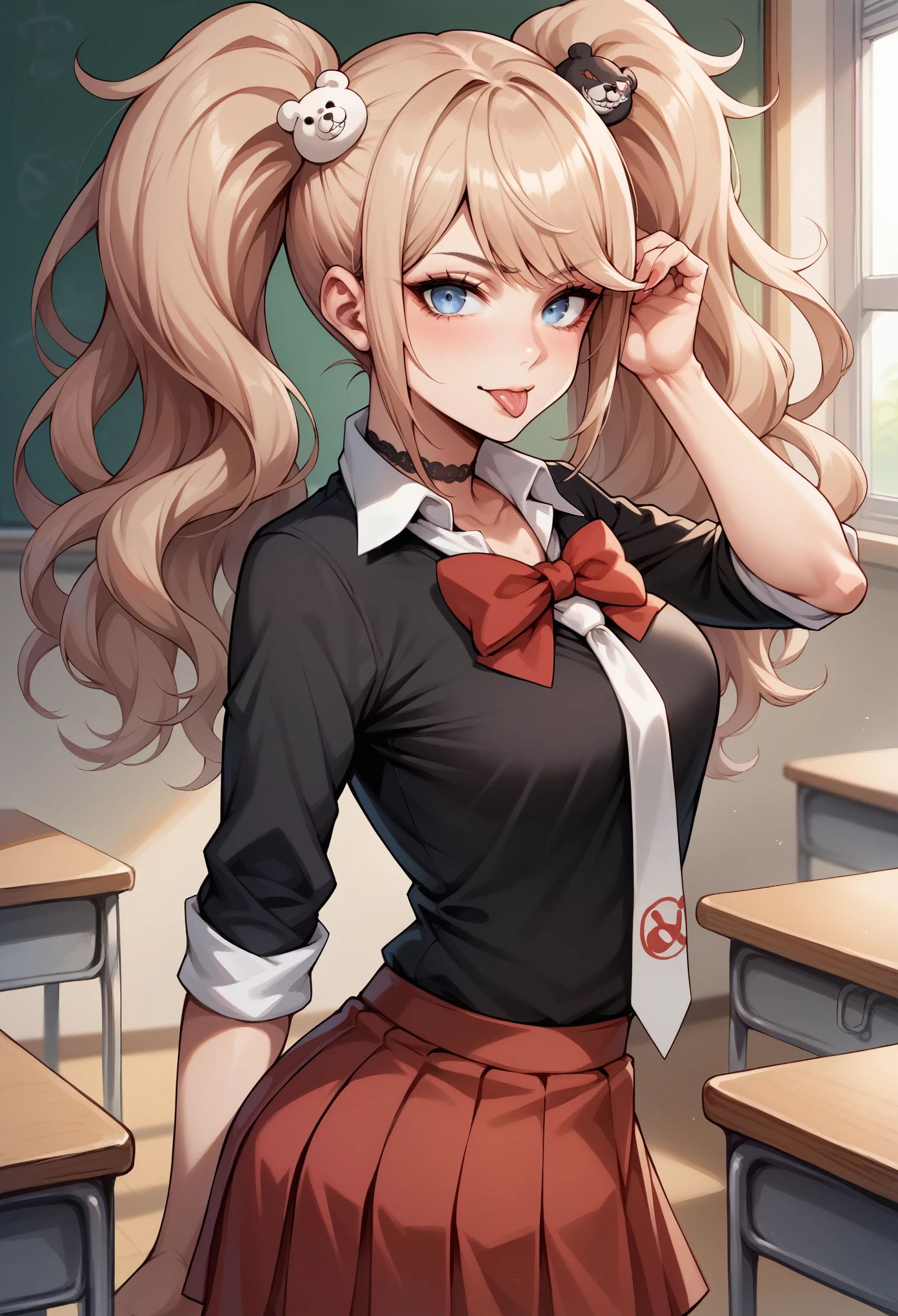 score_9, score_8_up, score_7_up, BREAK, score_9, enoshima junko, tongue out, breasts, twintails, bear hair ornament, school uniform, black shirt, white necktie, red bow, sleeves rolled up, red skirt, choker, looking at viewer, cowboy shot, looking back, from behind, classroom