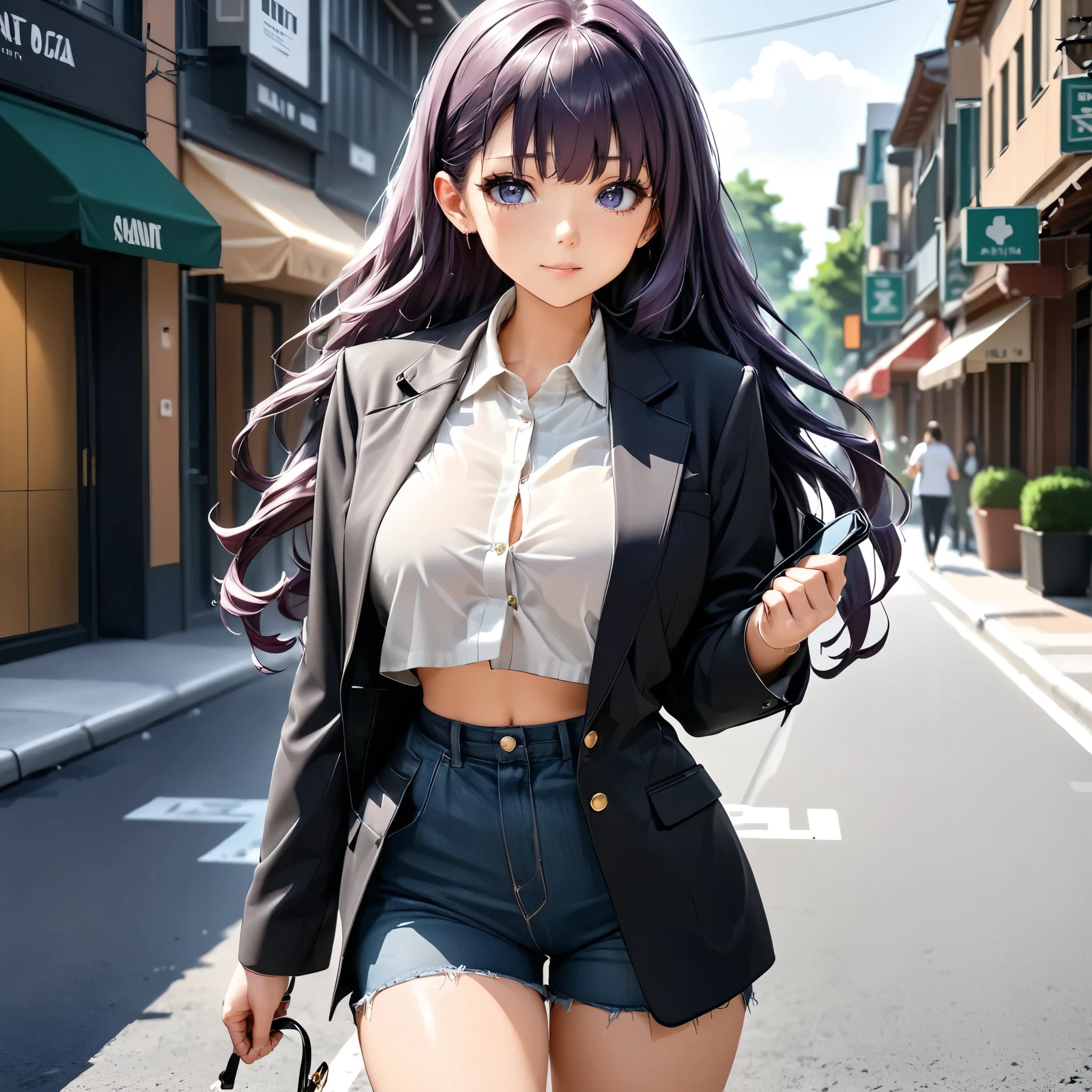 Masterpiece, 4k, HDR, full HD, (best quality), (ultra detailed), (only), intricate ANIME TYPE, best quality, 1girl, very expressive eyes, deep purple hair , hyper beautiful face, purple hair, perfect anatomy, shiny, oily skin, full body, alone (shiny purple hair, long hair), looking at viewer, bright blue eyes, perfect hands, perfect legs, super detailed clothes, intricate clothes, A girl combines an oversized blazer in neutral tones with a silk crop top, highlighting the contrast trend between structured and relaxed. Wear high-waisted, straight-cut jeans, along with white sneakers for a comfortable and modern look. Complete the ensemble with minimalist gold jewelry and a small leather crossbody purse.