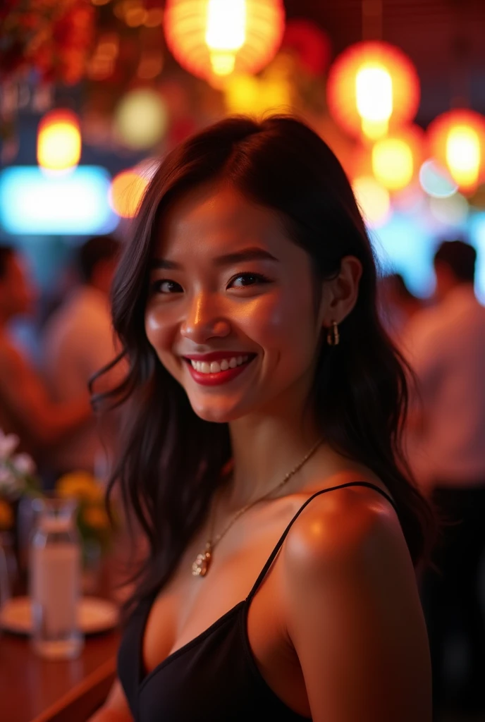 polaroid photo, night photo, smiling shyly, in party bar, photo of 18 y.o beautiful slim woman, pale skin, bokeh, elegant black dress, motion blur