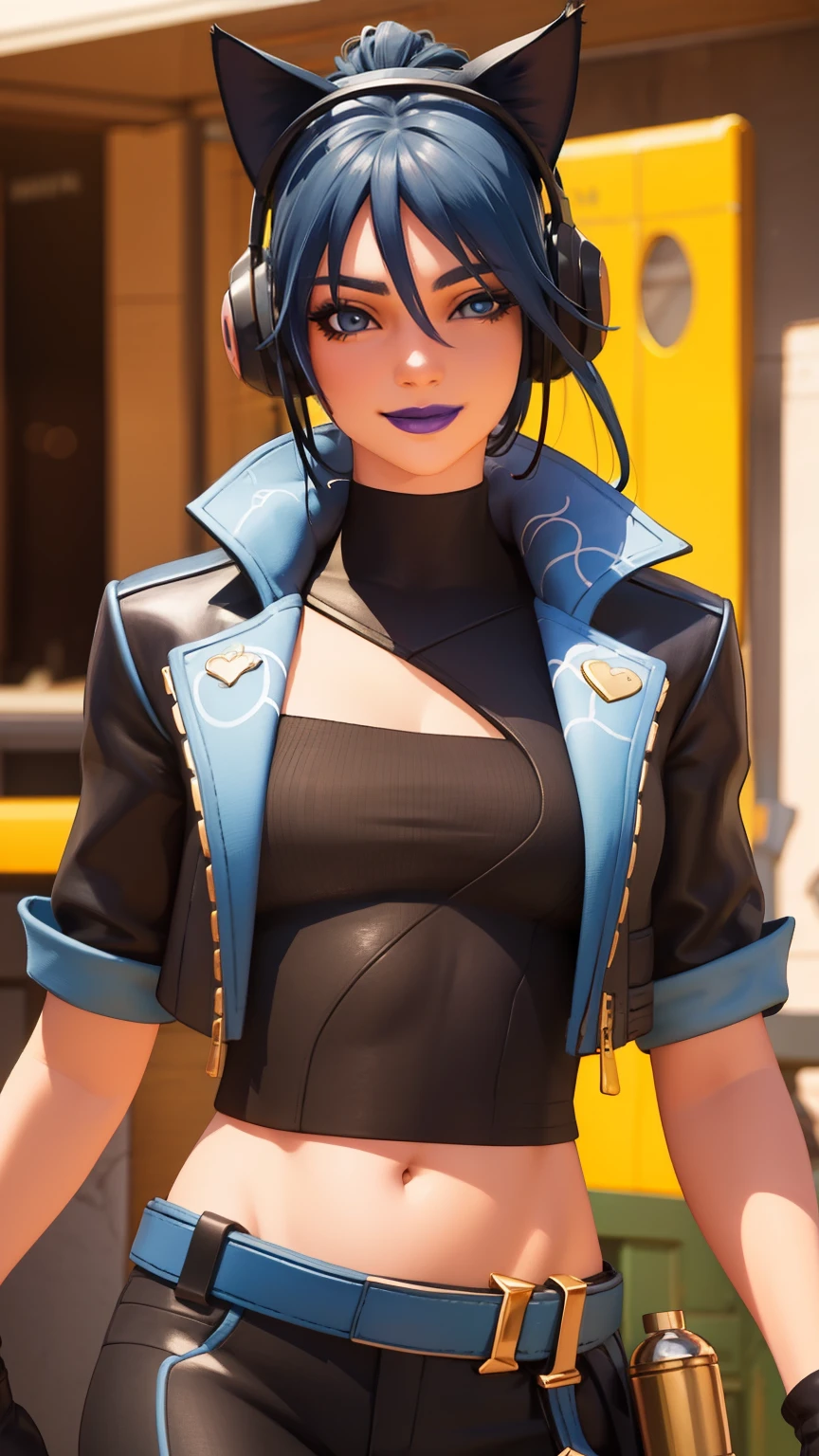 (Indoor house background:1.1), Realistic, HeroicHopeFN, 1girl,blue hair,blue eyes, eyeshadow,upper body,medium breasts, love, heart, gold hearts, black jacket, jacket crop top, cat ears headphones, fake cat ears,black crop top, semi crop top, black pants, blue belt, gloves, short sleeve, holster, holster spray cans, navel, purple lips, lipsticks, happy, looking at viewer, facing viewer, smile