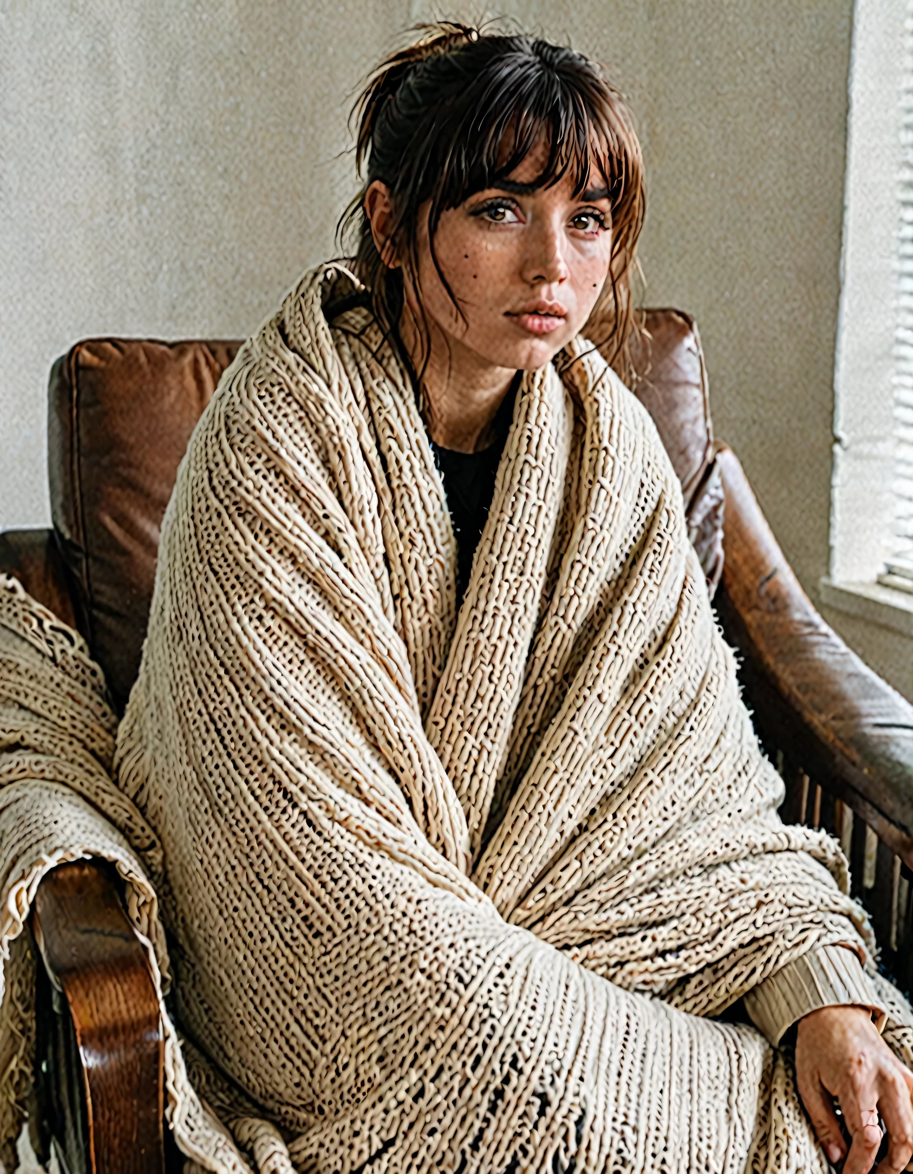 woman j0i, her hair styled with bangs  , sits in a chair wrapped in a blanket, Raw photo quality