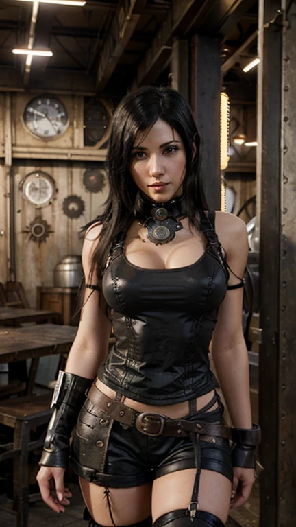 A young woman, with dark black bob hair , with a steampunk bow, in a post apocalyptic steampunk wild west decor.