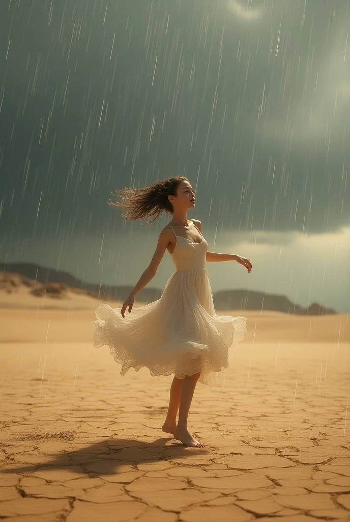 A girl dancing on a dessert during rain. Add rain