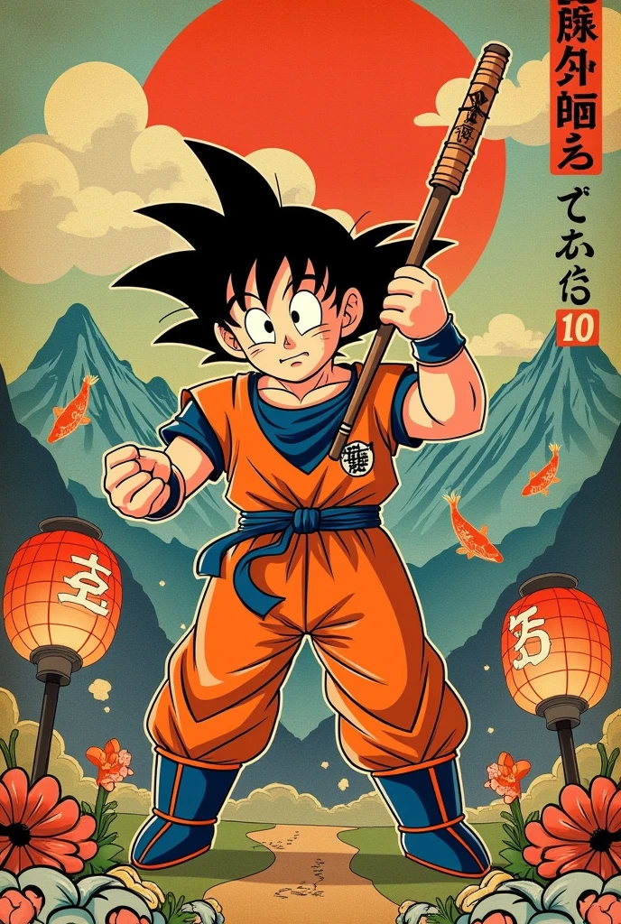 a hyper-realistic comic book cover inspired by the 1940s style, featuring Goku from Dragon Ball Z in a dynamic and heroic pose. Goku, in his early Saiyan form with wild black hair, should be drawn with bold, expressive lines and dramatic shadows typical of the comic books of that era. Dress him in his classic orange gi, but rendered in a vintage color palette—faded oranges, muted blues, and sepia-toned yellows—to match the aesthetic of 1940s print. Goku holds his Power Pole (Nyoi-bō) aloft, ready for battle, with determination in his eyes.

In the background, depict a stylized Japanese landscape—rolling mountains, swirling clouds, and a rising sun inspired by traditional woodblock prints. Incorporate elements like Japanese lanterns, koi fish motifs, and kanji text (ドラゴンボールZ) for the title at the top, with the subtitle below in smaller print: 'The Warrior from Another World!'

Add classic comic book elements such as an issue number (#1) in the top right corner, a price (e.g., '10円') in the top left corner, and a small publisher's seal with Japanese lettering in the corner. The layout should feature minimal but impactful text, focusing on the energy and drama of the central character. Use thick halftone textures and slight paper aging effects to enhance the vintage look, ensuring the final piece looks like a lost relic from a 1940s comic shop, while retaining the excitement and action associated with Dragon Ball Z.