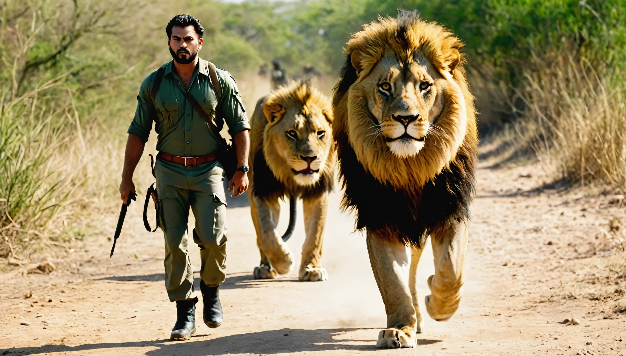 Retrato frontal de um homem, caminhando em um caminho pela floresta, accompanied by a wolf and a lion.