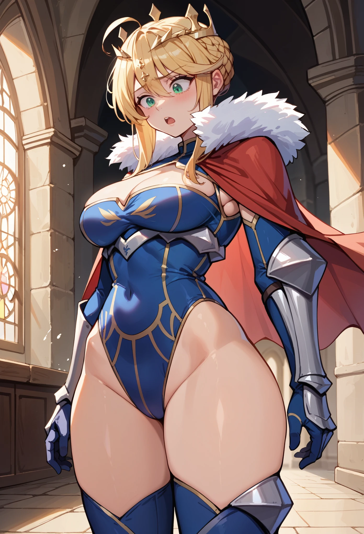 score_9, score_8_up, score_7_up, 1girl, solo, teenager, teen, 1, artoLance, swept bangs, ahoge, blonde hair, green eyes, french braid, short hair, medium breasts, crown, blue leotard, sleeveless, cleavage cutout, elbow gloves, blue gloves, blue thighhighsred cape, fur trim, red cape, long cape, gauntlets, armor, underbust, standing, shocked, shaking, cowboy shot, looking down, looking herself, medieval castle, inside a castle,