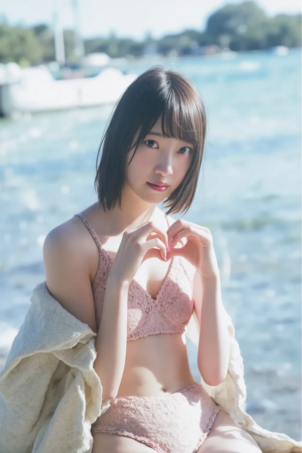 8k RAW photo, highest quality, masterpiece, Ultra-high resolution, 3D, Realistic, 1 girl, A cute and simple -yeld Jaese girl, 美しい黒hair, I always wear glasses, Sexy white thin string micro bikini, Flat Chest, Very small breasts,  Small breasts, moderately_hair, Tight waist, Slender body, belly button, Beautiful park with wisteria flowers from above, Taken at the best angle