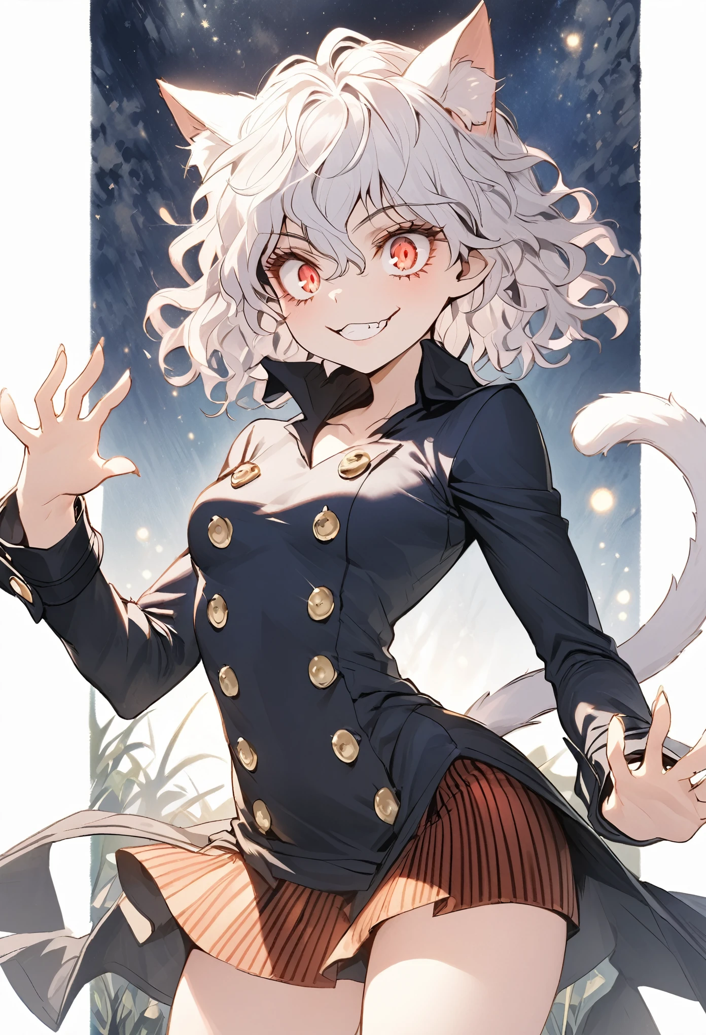 1girl, neferpitou, short hair, red eyes, animal ears, tail, white hair, cat ears, cat tail, curly hair, long sleeves, shorts, model's expressiion, silver hair, short and curly hair, cat ears, red eyes, large pupils, double eyelids, slender eyebrows, long eyelashes, small nose, small mouth, sharp jawline, blue military-style coat, six gold buttons, short red striped skirt, high collar, long sleeves, slender wrists, flexible fingers, white skin, cat-like claws, red striped knee-high socks, blue shoes, sturdy soles, slender ankles, small feet, long legs, muscular thighs, thin waist, wide shoulders, cat-like gaze, long neck, straight shoulder line, straight back, muscular arms, long fingers, firm upper arms, soft hands, small palms, cat-like smile, serious furrowed brows, pointed ears, pink inside of ears, thin eyelids, upward curled eyelashes, vertical slit pupils, cat whisker-like cheek markings, many lower eyelashes, small nostrils, thin lips, pointed chin, protruding collarbones, straight posture, high hips, muscular thighs, pointed knees, well-fitted socks, neatly tied shoelaces, soft cat ears, rounded ear tips, soft fluffy hair, thin eyebrows, light pink lips, white teeth, well-shaped lips, smooth skin, sensitive ears, reflective pupils, heavy eyelids, slightly curved cat ears, well-fitted coat, wide skirt hem, shining buttons, slightly old shoes, hair waving in wind, sparkling pupils, moving cat ears, nighttime forest background, moonlight, starry night sky, G-cup chest, cocky cat-like expression, thick glossy thighs and hips, detailed texture of hair and clothing, light and shadow contrast, background details including swaying grass and old building, specific lighting conditions with moonlight casting shadows, detailed coloration of outfit with deep blue and red stripes, intricate design of buttons, and emotional depth in expressions showing defiance, joy, and determination.