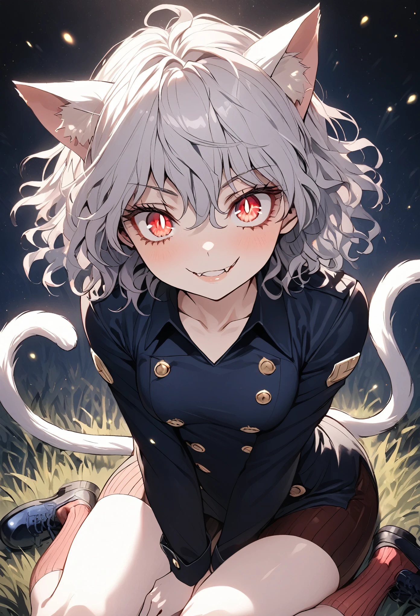 1girl, neferpitou, short hair, red eyes, animal ears, tail, white hair, cat ears, cat tail, curly hair, long sleeves, shorts, model's expressiion, silver hair, short and curly hair, cat ears, red eyes, large pupils, double eyelids, slender eyebrows, long eyelashes, small nose, small mouth, sharp jawline, blue military-style coat, six gold buttons, short red striped skirt, high collar, long sleeves, slender wrists, flexible fingers, white skin, cat-like claws, red striped knee-high socks, blue shoes, sturdy soles, slender ankles, small feet, long legs, muscular thighs, thin waist, wide shoulders, cat-like gaze, long neck, straight shoulder line, straight back, muscular arms, long fingers, firm upper arms, soft hands, small palms, cat-like smile, serious furrowed brows, pointed ears, pink inside of ears, thin eyelids, upward curled eyelashes, vertical slit pupils, cat whisker-like cheek markings, many lower eyelashes, small nostrils, thin lips, pointed chin, protruding collarbones, straight posture, high hips, muscular thighs, pointed knees, well-fitted socks, neatly tied shoelaces, soft cat ears, rounded ear tips, soft fluffy hair, thin eyebrows, light pink lips, white teeth, well-shaped lips, smooth skin, sensitive ears, reflective pupils, heavy eyelids, slightly curved cat ears, well-fitted coat, wide skirt hem, shining buttons, slightly old shoes, hair waving in wind, sparkling pupils, moving cat ears, nighttime forest background, moonlight, starry night sky, G-cup chest, cocky cat-like expression, thick glossy thighs and hips, detailed texture of hair and clothing, light and shadow contrast, background details including swaying grass and old building, specific lighting conditions with moonlight casting shadows, detailed coloration of outfit with deep blue and red stripes, intricate design of buttons, and emotional depth in expressions showing defiance, joy, and determination.