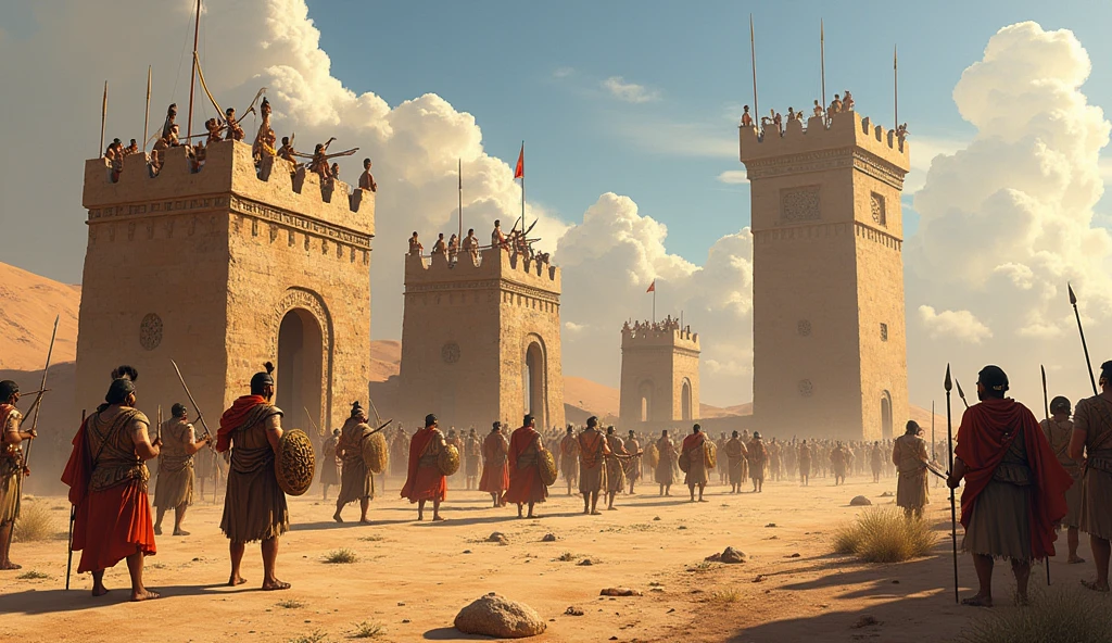 a lot of bronze age warriors trying to destroy magnificent gate of Babylon, realistic, trebuchets throwing a lot of rocks through the city, a lot of bronze age warriors fighting in front of gate, hd, realistic, photography, dust, blood in ground --auto --s2