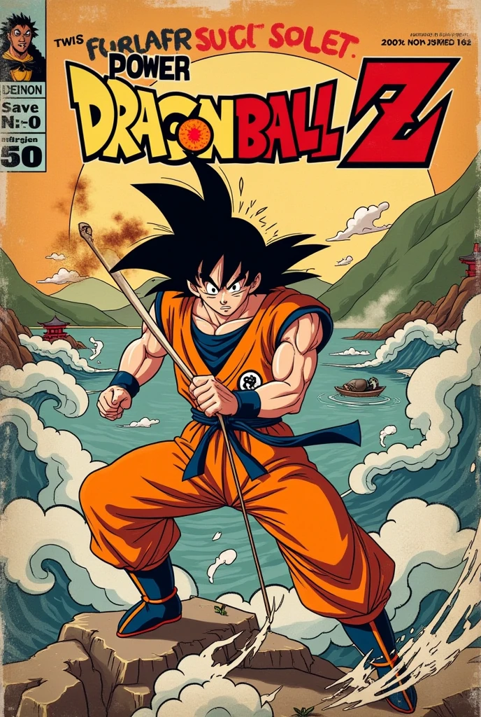 a hyper-realistic comic book cover styled as if from the 1940s, featuring Goku from Dragon Ball Z in a powerful, action-packed pose. Goku, in his early Saiyan form, stands mid-battle, gripping the Power Pole (Nyoi-bō) with fierce determination. His wild, spiky black hair and flowing orange gi should be drawn with thick, bold lines and hatching for shadows, reflecting the artistic style of the Golden Age of comics. Use a muted color palette with faded oranges, soft yellows, and washed-out blues to replicate the printing techniques of the time, with subtle halftone patterns for texture.

The background should feature a chaotic scene of swirling clouds, distant mountains, and crashing waves, hinting at Japanese influences through woodblock-inspired designs. Integrate a rising sun motif, kanji text (ドラゴンボールZ) for the title at the top, and additional Japanese visual elements like torii gates or dragon scales subtly blended into the environment. Include explosions or dynamic motion lines to capture the essence of Goku’s high-energy combat.

Add traditional comic book elements: a prominent title ('Dragon Ball Z') in bold, vintage font at the top; a dramatic subtitle underneath—'The World’s Last Hope!'—in smaller, angled text; and the author's name ('Written by Mateus Miguel') at the bottom in a stylish serif font. Incorporate the issue number (#1) in the upper right corner and the price ('10円') in the upper left. A small 'Approved by the Comic Code Authority'-style seal (with Japanese text) should appear on one side, and a publisher's logo in the bottom corner. Lightly distress the paper with subtle creases and aging effects to create the look of an authentic vintage cover, making it appear as though it’s a forgotten treasure from the Golden Age of comics, now reimagined with a Japanese twist