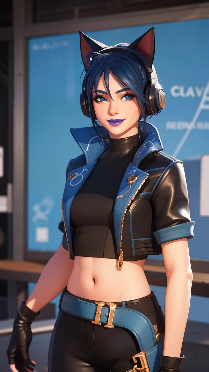 (Indoor house background:1.1), Realistic, HeroicHopeFN, 1girl,blue hair,blue eyes, eyeshadow,upper body,medium breasts, love, heart, gold hearts, black jacket, jacket crop top, cat ears headphones, fake cat ears,black crop top, semi crop top, black pants, blue belt, gloves, short sleeve, holster, holster spray cans, navel, purple lips, lipsticks, happy, looking at viewer, facing viewer, smile