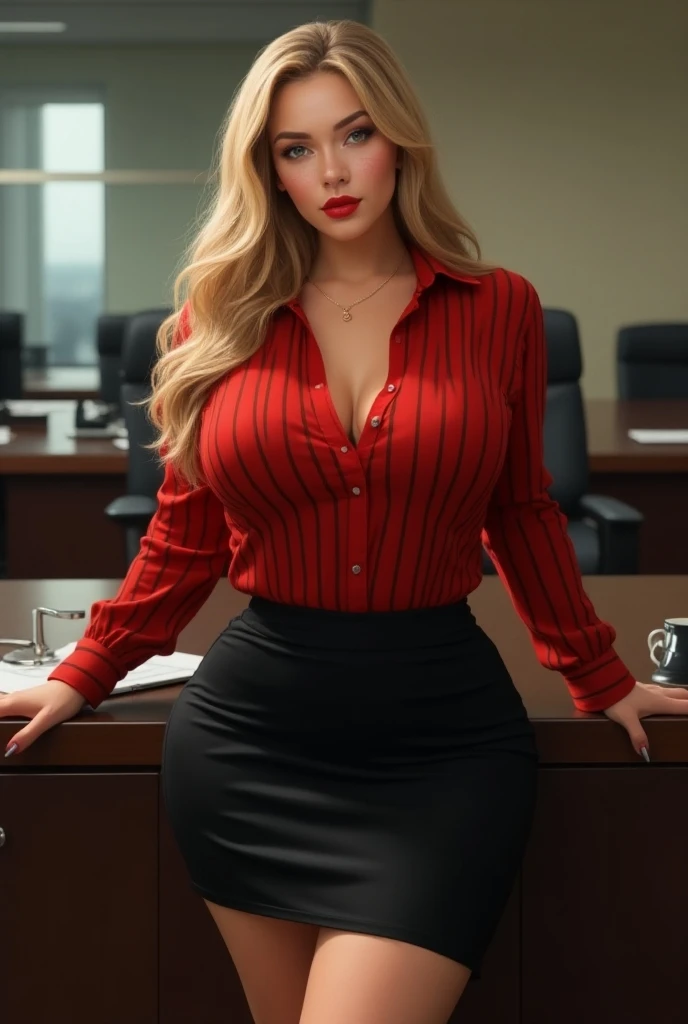 A young american office woman, height 175 cm, pretty, long legs, light-blonde hair, long wavy hairstyle, (plump body, slender breasts, braless, partially nude, seductive look), (red satin formal office shirt long-sleeve, full body tattoo), stilettos, front view, in the night at office room, ((Sitting and spread legs), (showing crotch, open legs)), professional photography, realistic, dynamic light, cinematic, conceptual, perspective, candid, balancing objects