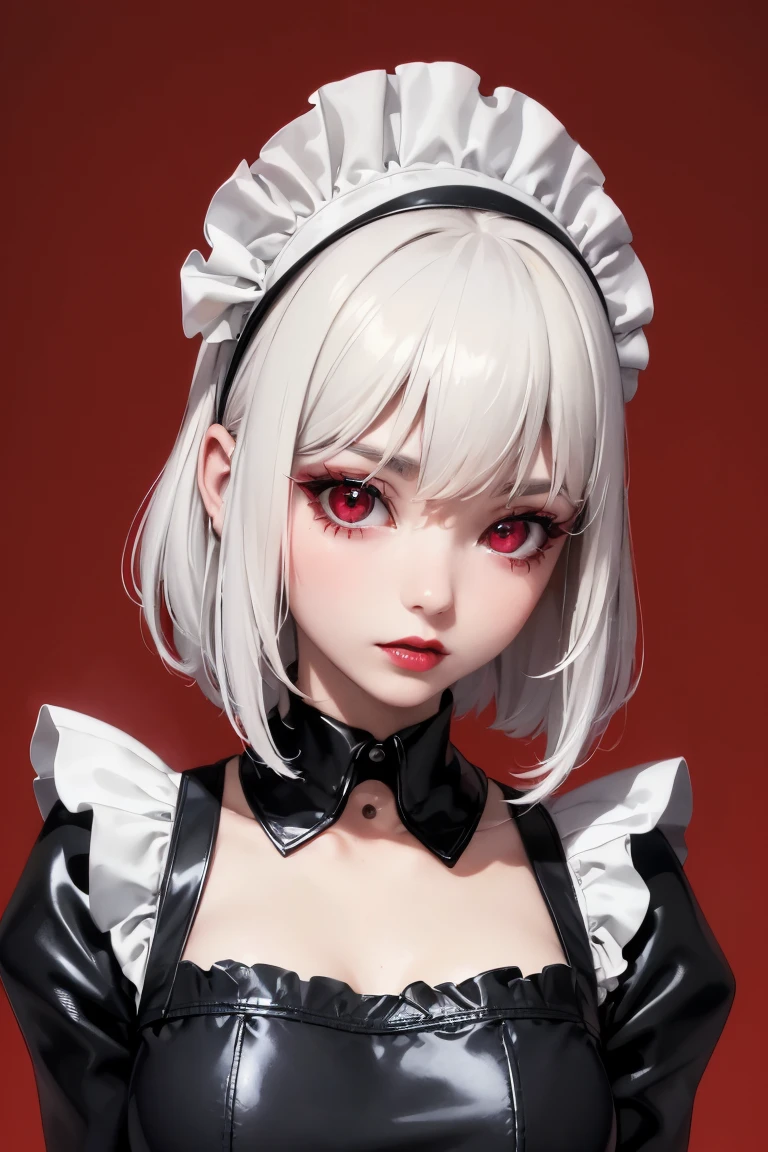 (best lighting) (best quality, masterpiece:1.2), (absurdres), portrait, alluring, ethereal, flirtatious, woman, ((very short, messy, cropped, boyish, white hair), ((red eyes)), (detailed eyes), ((glossy, shiny, red lipstick)), full lips, ((black latex maid outfit)), ((thick, silver collar)), high fashion, (slim),( small breasts), wide hips, bold red background, abstract background, soft lighting, hazy, cinematic