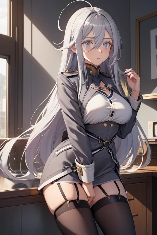 long legs, large breasts, big breasts make the shirt nearly burst, (vladilena milize), (grey eyes:1.5), grey hair, hair between eyes, long hair, ahoge, blue jacket, blue skirt, jacket, military, military uniform, shirt, skirt, thighhighs with suspenders, uniform, white shirt, (white thighhighs), cleavage, nsfw