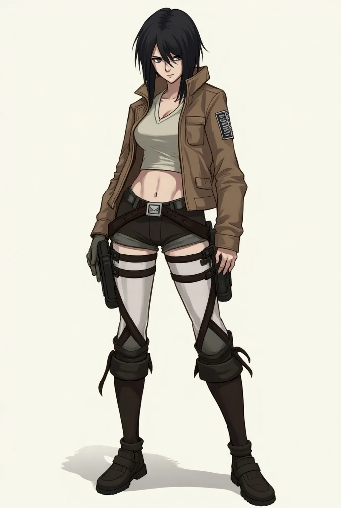 Une fille dans le style attack des titans
Elle porte un bandana qui couvre le dessus de sa tête, laissant voir ses cheveux longs et bruns.
Ses yeux sont noirs et elle a un trou visible dans l'un de ses sourcils.
Son visage est assez masculin.
Son haut consiste en des bandages qui lui servent de brassière avec un kimono à manches courtes, ouvert, qui s'arrête à la taille.
Autour de sa taille, elle a une ceinture faite d'une grosse corde nouée.
Elle porte un pantalon très large qui se resserre au niveau de la cheville et des tongs style japonais en bois.
Le résultat doit être vu de la tête au pied