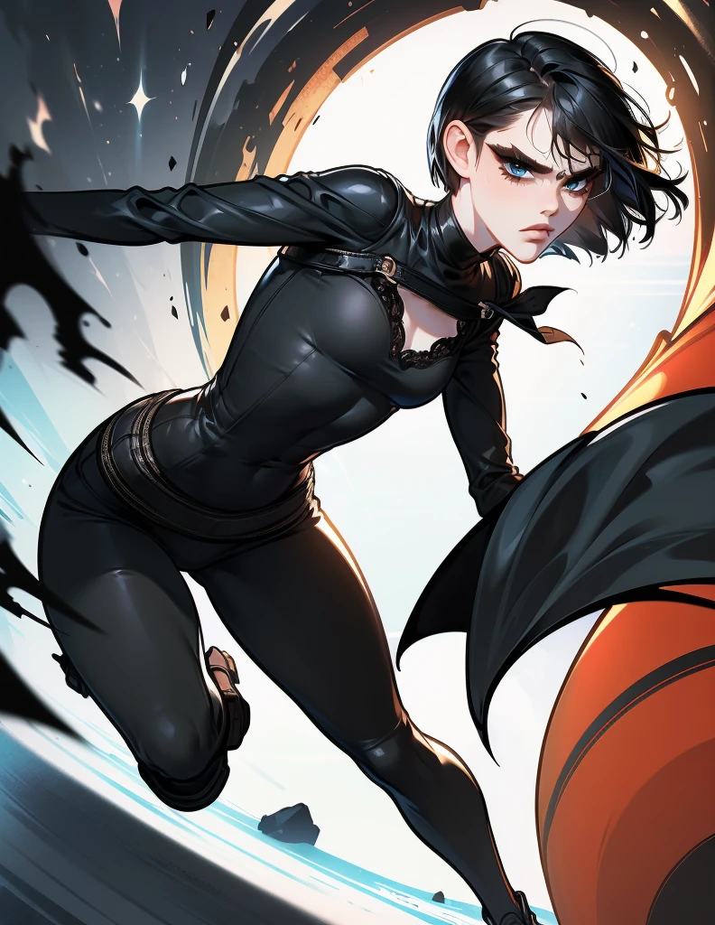 (Masterpiece:1.2), ultradetailed face, portrait, detailed shading, skinny, (dynamic pose:1.4), young woman, angry eyes, fit clothing, black clothing, ((short straight hair)), ((round haircut)), ((fringe)), black hair, angry face, pale skin, (fight pose)