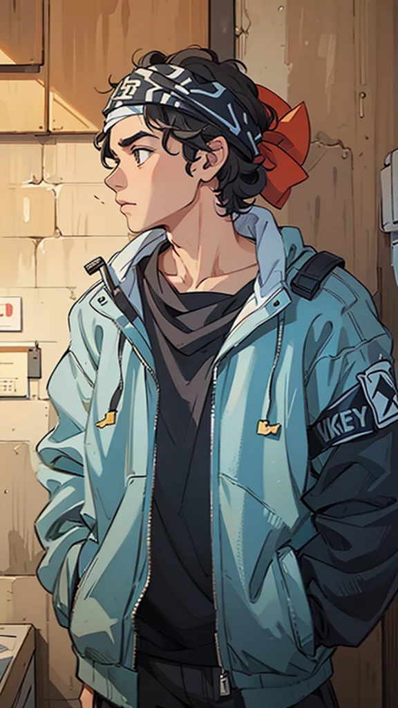 Boy in urban style clothes, black curly hair, bandana on the head