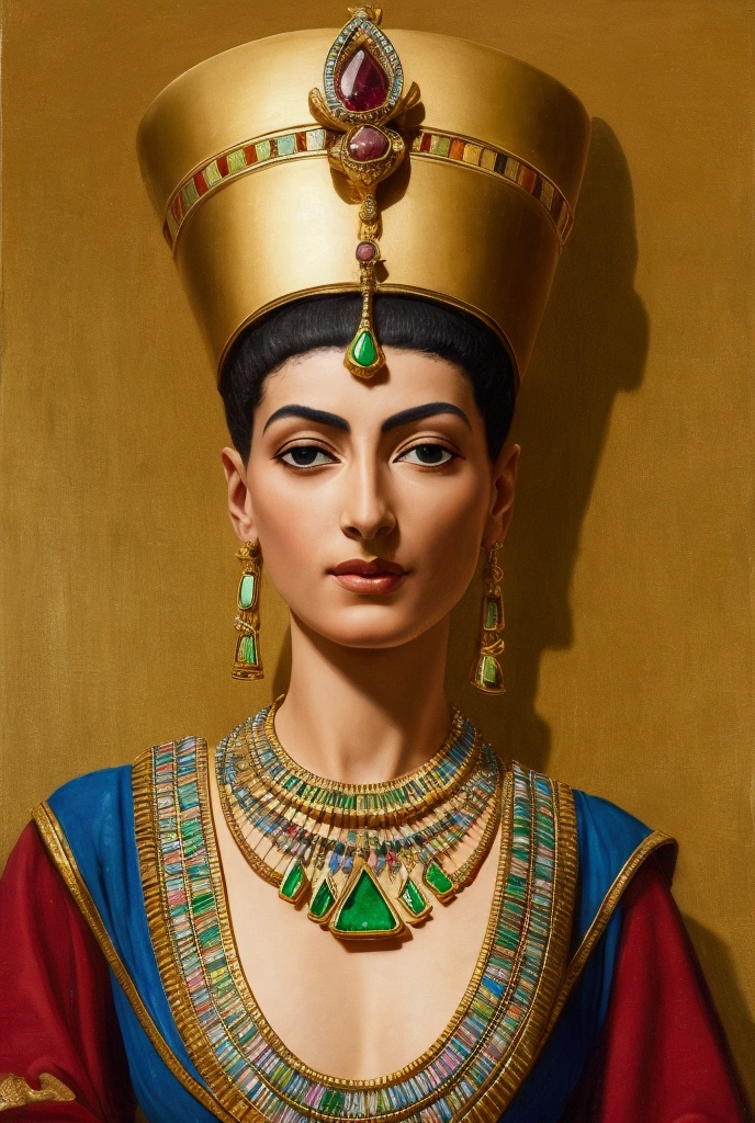 Queen Nefertiti standing gracefully in front of the Great Pyramids at sunset, wearing a golden crown adorned with emeralds and rubies. Her royal blue and gold gown flows in the desert wind. The scene is captured in the style of a Renaissance painting, with intricate detail in her expression and the rich textures of her jewelry and attire,   efeito de luz e sombra como uma pintura renascentista Cabelo/Gloss Ornament,   Melhor qualidade , 