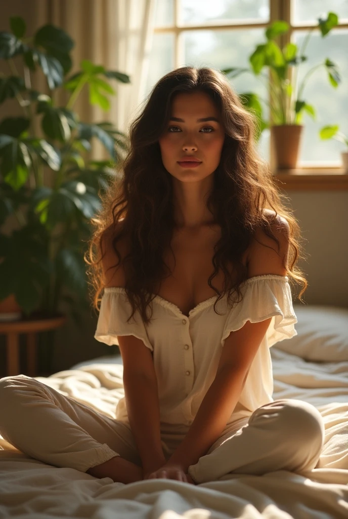 (photorealism:1.2), beautiful woman, sitting on bed, wearing loose off-shoulder top, pajama pants, long curly hair, indoors, soft lighting, plants in background, window with sunlight, cozy room, relaxed pose, realistic, intricate details, warm colors, by Greg Rutkowski, by Alphonse Mucha