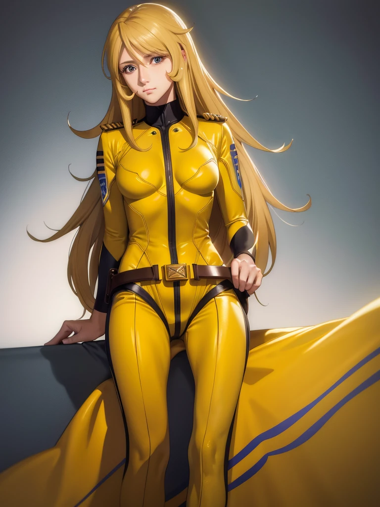 (masterpiece, highest quality:1.2), cowboy shot, alone, 1 girl, mori yuki, slight smile, closed mouth, looking at the viewer, sitting, Chair, blonde hair, yellow bodysuit, perfect for your skin, belt、Lying on the sofa、