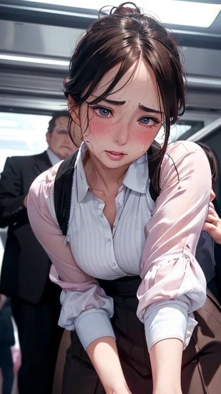 masterpiece, best quality, extremely detailed CG unity 8k wallpaper, (a beautiful girl),oil skin,intricate detail realism hdr,Photorealism, Hyperrealism, ultra realistic, dramatic light, intense shadows, gorgeous view, depth of field,(Beautiful Face),((1beautiful girl and 1middle-aged man)),(Ecstasy),((Full blush:1.3)) ,(Half-open eyes, sad face:1.3),((steam))、(sweat)、((Orgasm Facial))、((1girl in a suit )),updo hair,((((One middle-aged man is molesting a woman by touching her from behind)))), (Her skirt is rolled up, revealing her panties) ((Inside the train)),((((from below:1.4)))